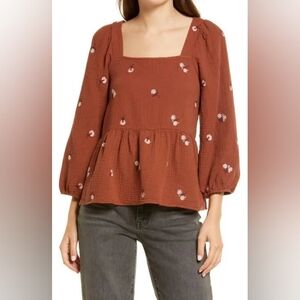 Madewell Amie Floral Embroidered Lightspun Millbrook Puff-Sleeve Peplum Top